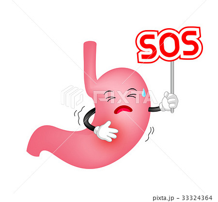 Human stomach character holding SOS sign. Human stomach character holding SOS sign. 33324364
