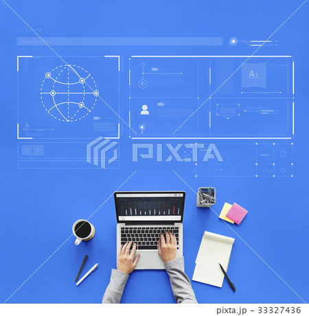 Hands working on laptop network graphic overlay background Hands working on laptop network graphic overlay background 33327436