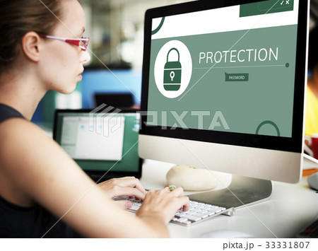 Woman with illustration of computer security system 33331807