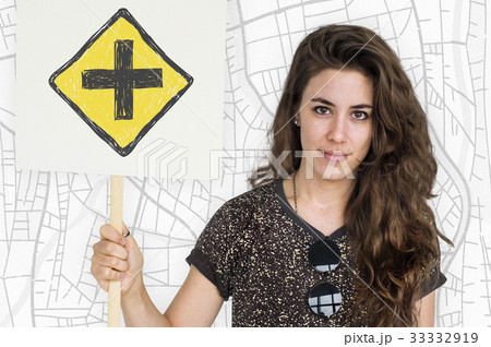 Woman holding network graphic overlay banner 33332919