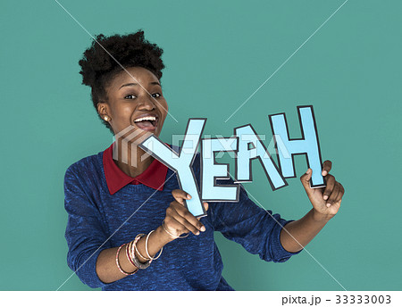 Smiling African Woman Holding Yeah Word Smiling African Woman Holding Yeah Word 33333003