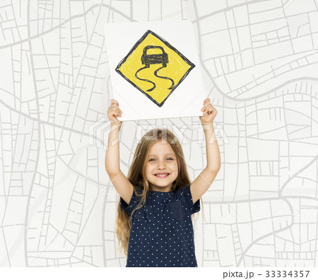 Young girl holding network graphic overlay banner 33334357