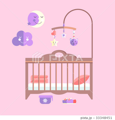 Vector flat baby bed. Infant bedroom with mobile Vector flat baby bed. Infant bedroom with mobile 33348451