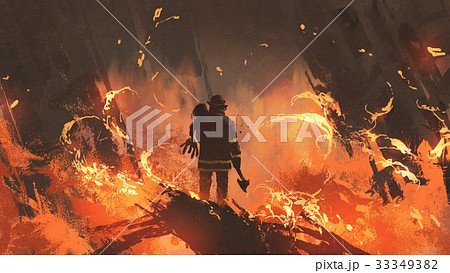 man holding girl standing in burning building 33349382
