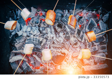 Company of friends by campfire making fried 33350573