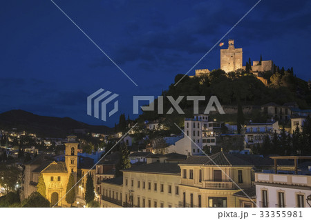 Spain, Andalusia, Granada, Plaza Nueva, Palace of Alhambra on hill at night 33355981