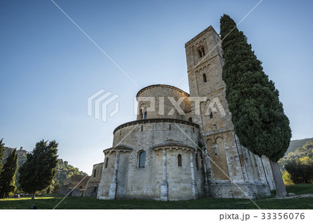 Italy, Tuscany, Montalcino, Facade of Abbey of Sant'Antimo near Montalcino city 33356076