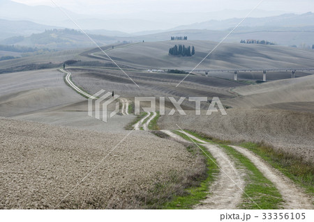 Italy, Tuscany, San Quirico D'orcia, Long twisting rural road leading through endless gray fields and lonely cypress trees 33356105