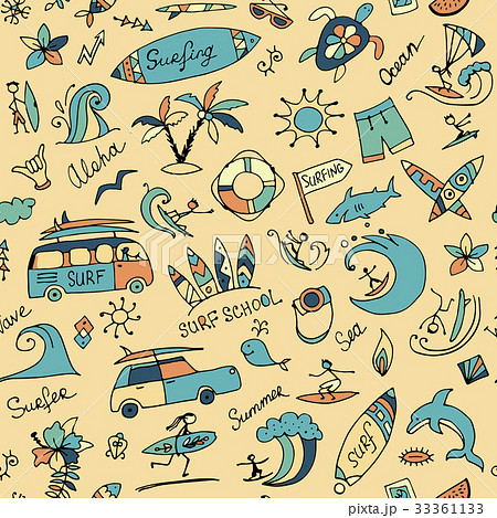 Surfing Seamless Pattern Sketch For Your Designのイラスト素材