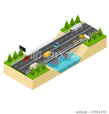 Bridge Highway over River Isometric View. Vector Bridge Highway over River Isometric View. Vector 33361230