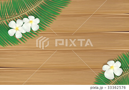coconut tree leaf plumeria flower on wood board coconut tree leaf plumeria flower on wood board 33362576