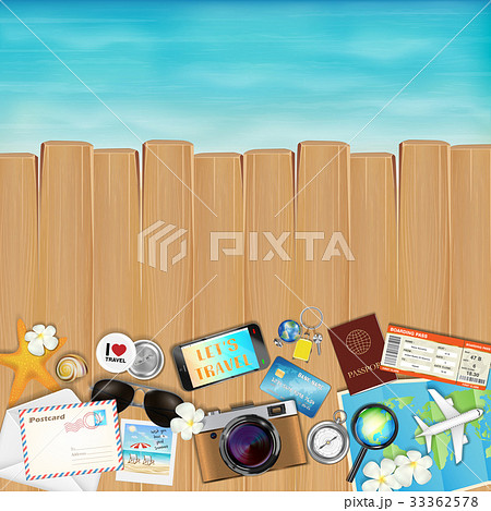 tropical travel object set on wood with sea tropical travel object set on wood with sea 33362578