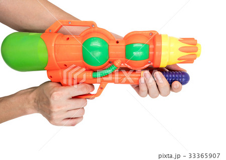 Hands holding gun water toy on white background. Hands holding gun water toy on white background. 33365907