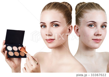 Young woman before and after contouring makeup. Young woman before and after contouring makeup. 33367022