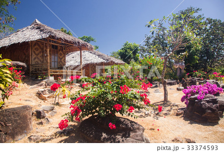 wooden bungalows in tropical garden  33374593