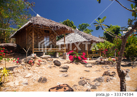 wooden bungalows in tropical garden  33374594