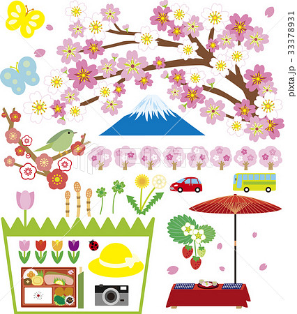 春の風景とアイテムのイラスト素材