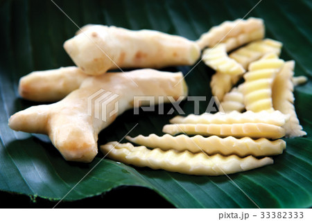 Group of White Turmeric on banana leaf. 33382333