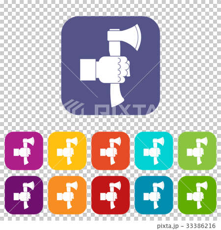 Hand holding axe with wooden handle icons set flat Hand holding axe with wooden handle icons set flat 33386216