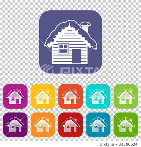 Wooden house covered with snow icons set - Stock Illustration [33386624 ...