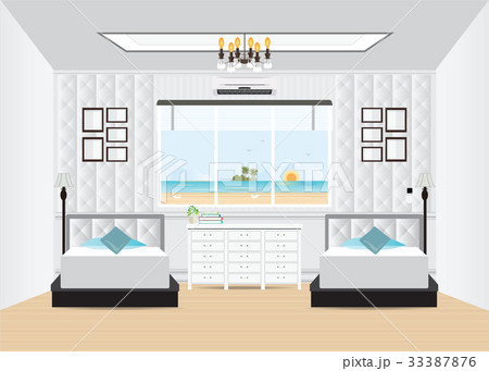 Hotel interior room with double bed and furniture. 33387876
