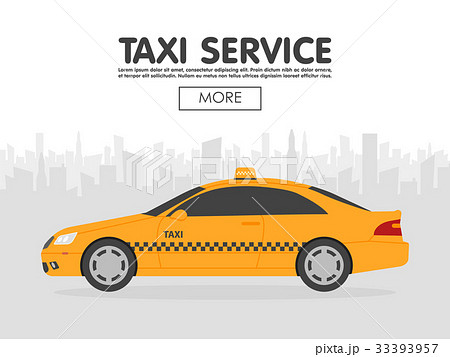 Yellow taxi car in front of city silhouette vector 33393957