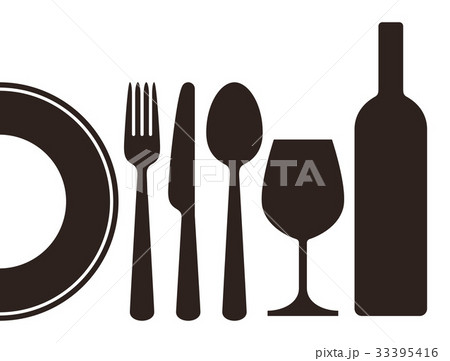 Bottle, wineglass, plate, knife, fork and spoon 33395416