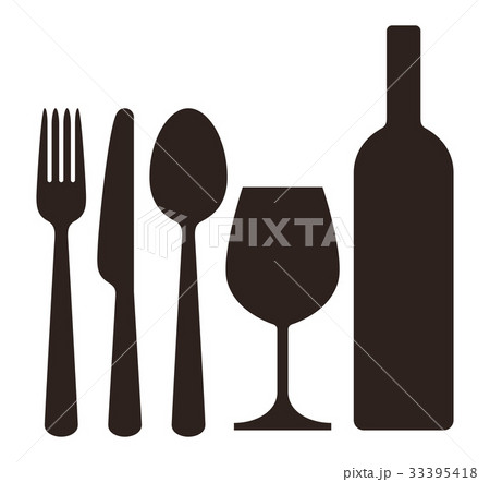 Bottle, wineglass, knife, fork and spoon 33395418
