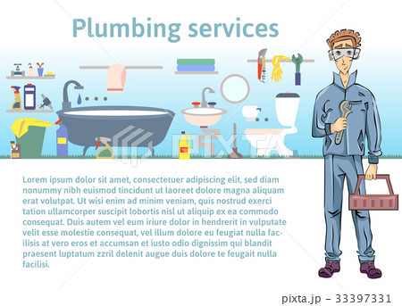 Plumbing services. Plumber man holding a wrench Plumbing services. Plumber man holding a wrench 33397331