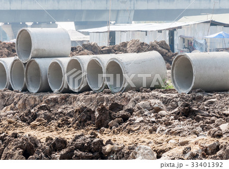 Concrete pipes row. Concrete pipes row. 33401392