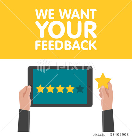 Hand holding and pointing to tablet with five star 33405908