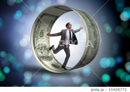 Businessman in hamster wheel chasing dollars 33408773