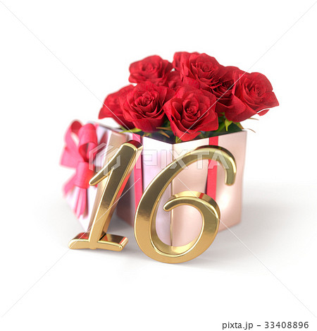 birthday concept with red roses in gift isolated 33408896
