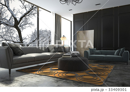 living room with sofa near winter scene window 33409301
