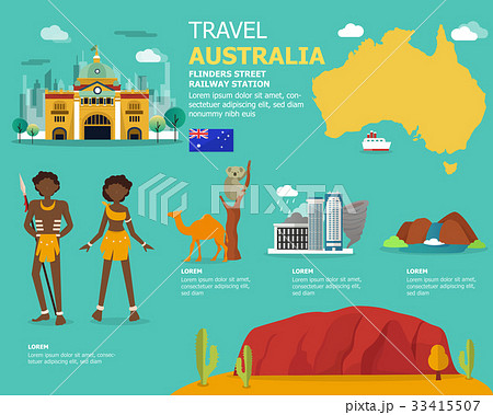 Traveling in Australia with map and landmark icons Traveling in Australia with map and landmark icons 33415507