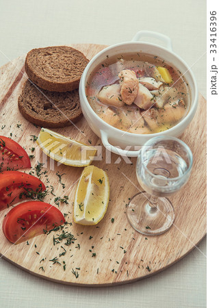 Russian traditional fish soup 33416396