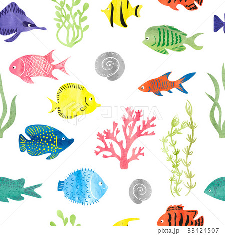 Watercolor colorful fish seamless pattern. 33424507