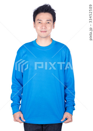 man in blue long sleeve t-shirt isolated on a white background 33452589