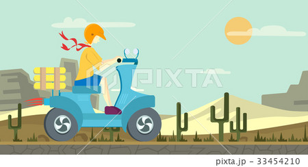 Pizza delivery on a scooter. Man driving a moped Pizza delivery on a scooter. Man driving a moped 33454210