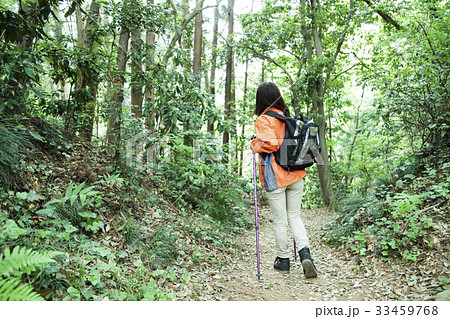 登山 女性 山ガール トレッキング 山登り 山 アウトドア ハイキングの写真素材