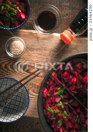 Vegetables in Chinese, soy sauce and a bowl on a 33464290