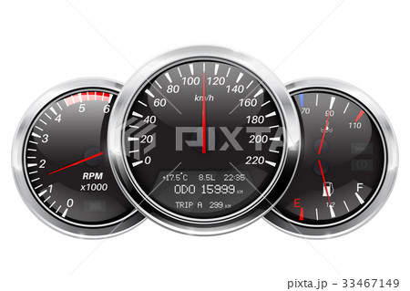 Dashboard. Black round gauges with chrome frame 33467149