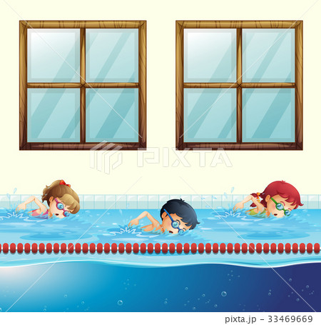 Three kids swimming in the pool 33469669