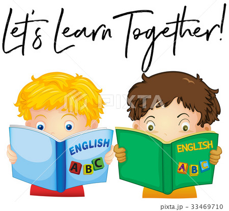 Boys Reading Book With Phrase Let S Learn Togetherのイラスト素材