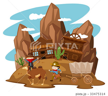 Kids Playing Cowboy In Western Townのイラスト素材 33475314 Pixta