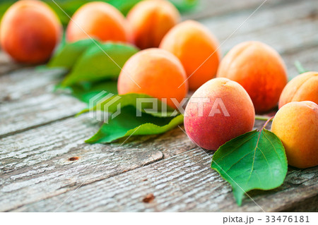 Beautiful ripe orange apricots with leaves  33476181