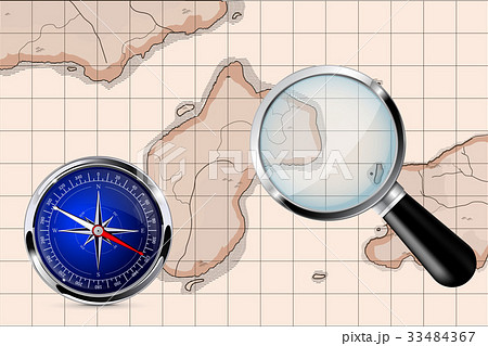 Magnifying glass, compass, old map 33484367