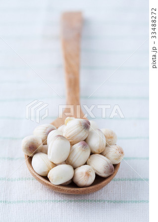 close up lotus seed on wooden spoon close up lotus seed on wooden spoon 33488272