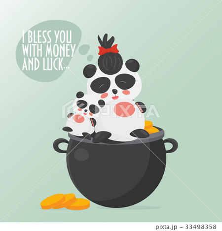 Vector illustration of a money blessing panda sitting on a pot full of gold coins. 33498358