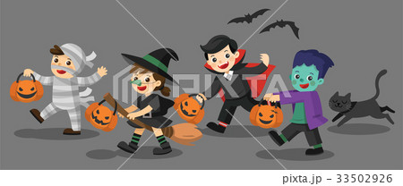 Funny children in Halloween fancy dress and a cat. 33502926